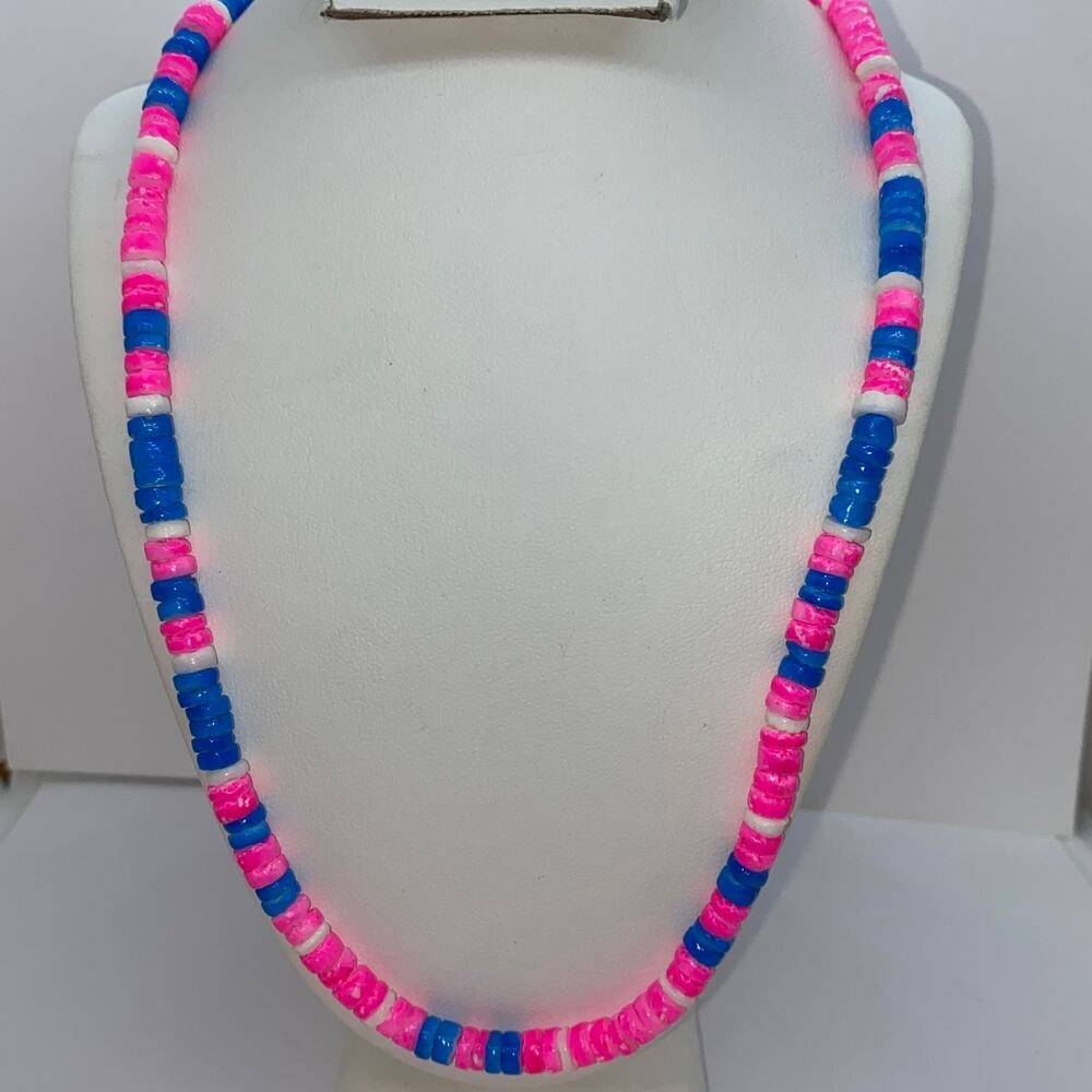 Pink Blue & White Beach Small Beaded Necklace